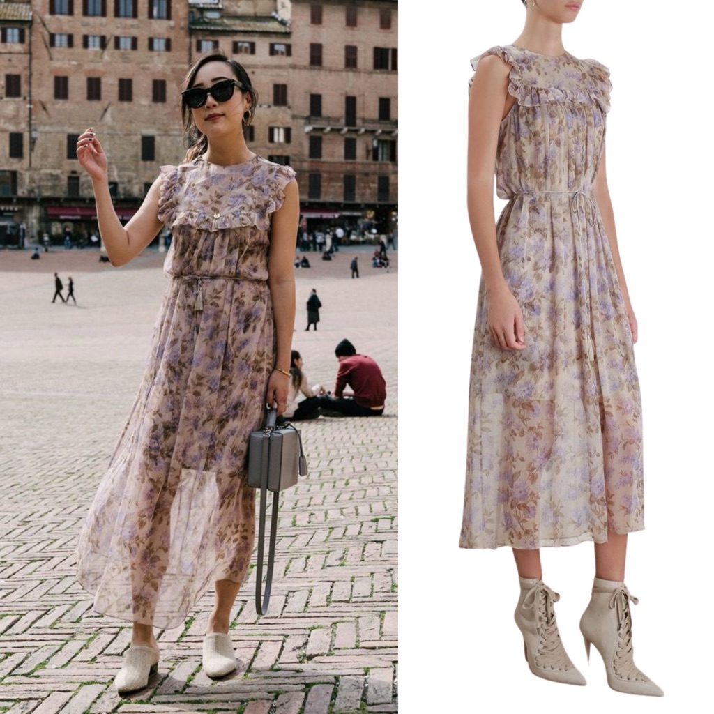 Zimmermann Stranded Bib Floral Silk Ruffled Midi Dress